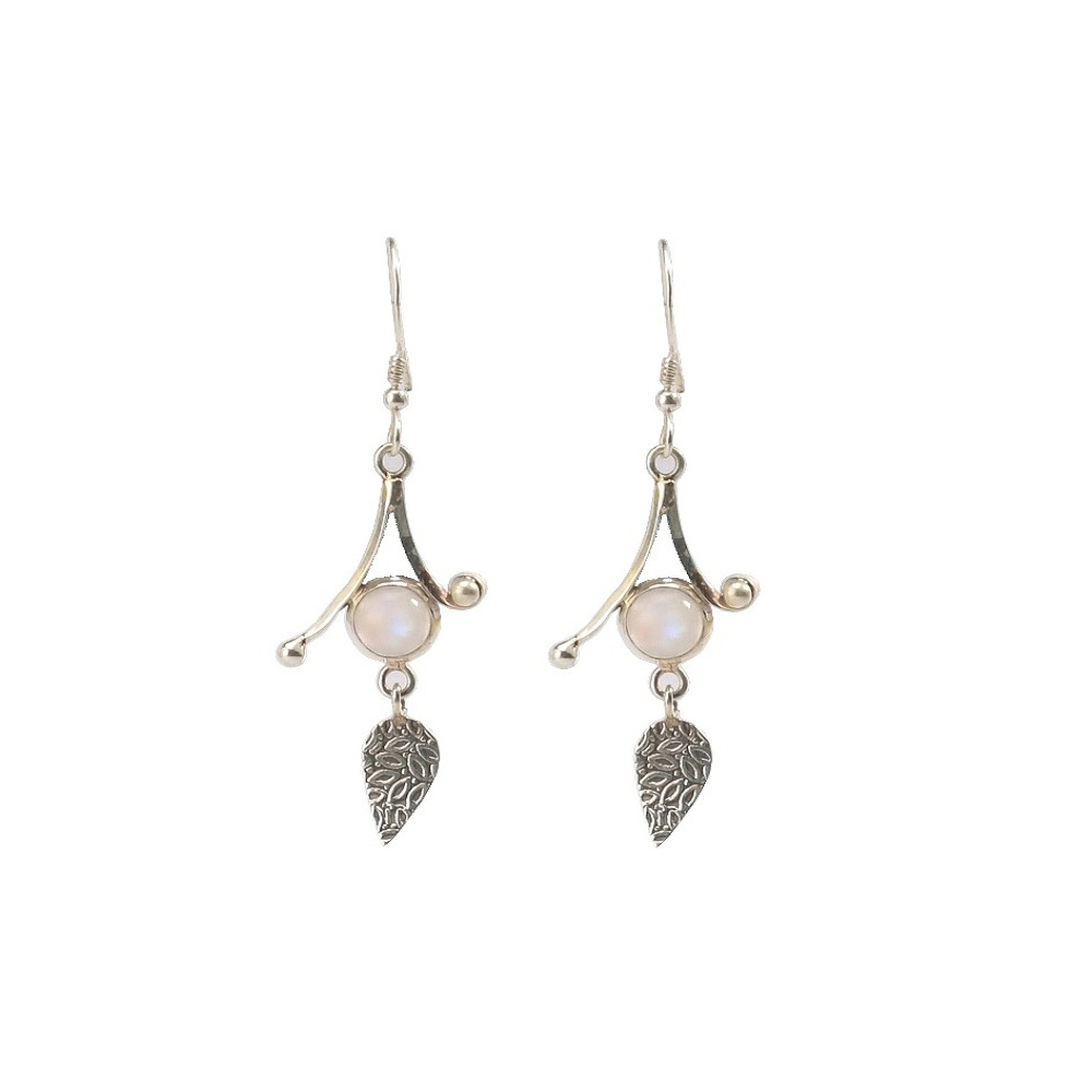 Silver carved leaf with moonstone Earring